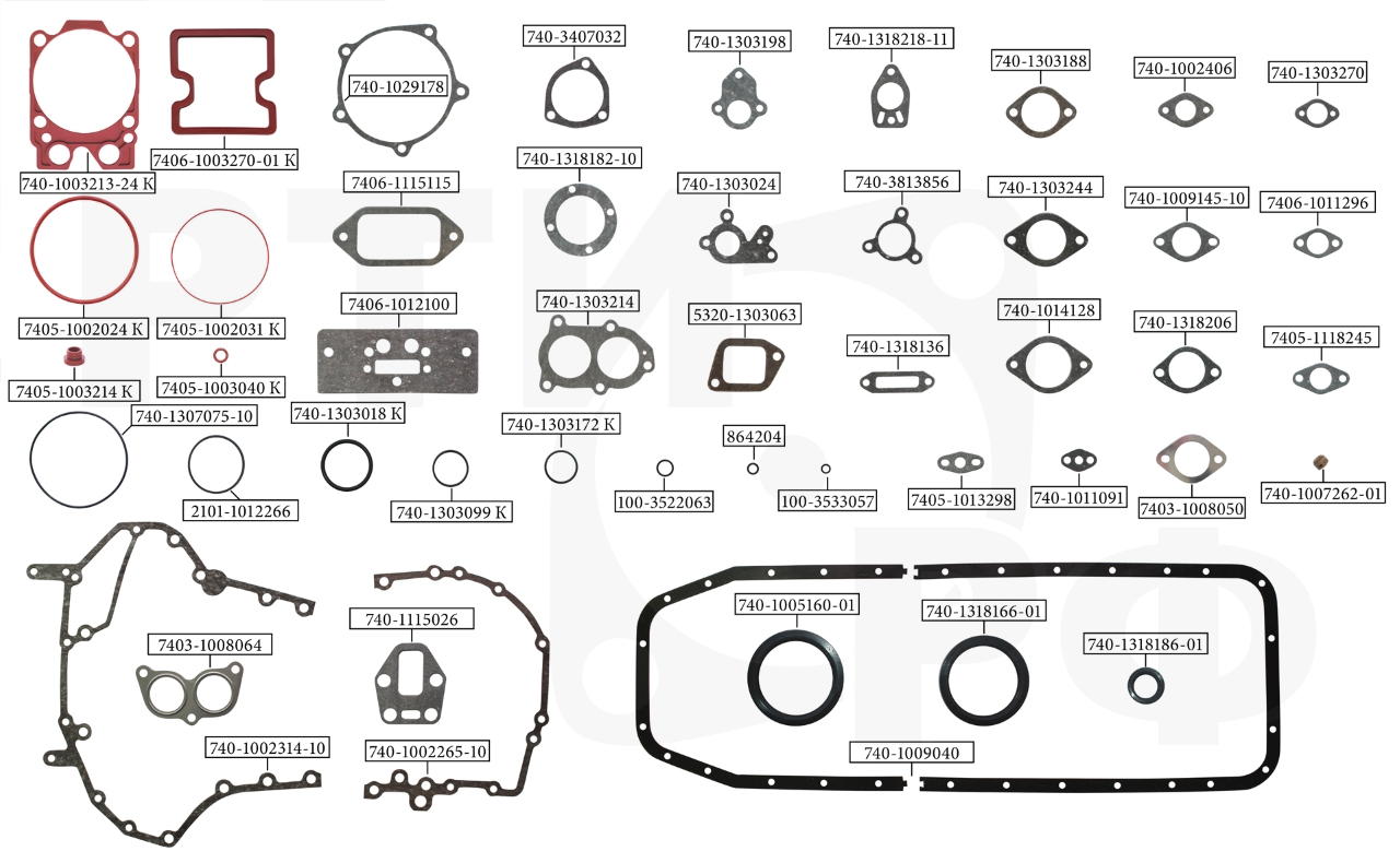 7405-1002004-47У Ремкомплект двигателя для а/м Камаз ЕВРО-1, ПОЛНЫЙ-СТАНДАРТ (47 наим./150 шт.) прокладки + кольца + сальники, КАМРТИ